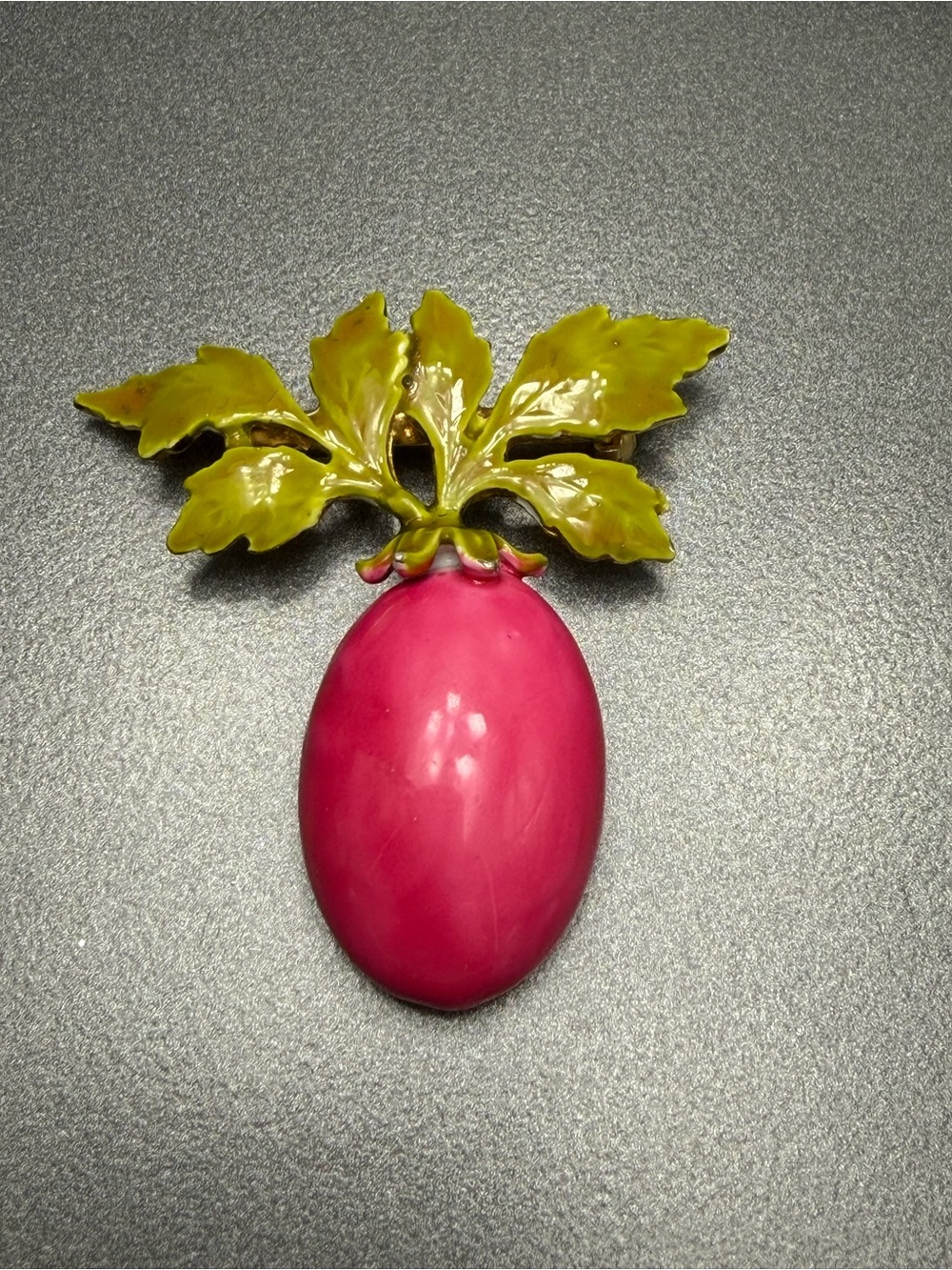 Vintage Enamel  Brooch with Pink Cabochon and Olive Green Leaves